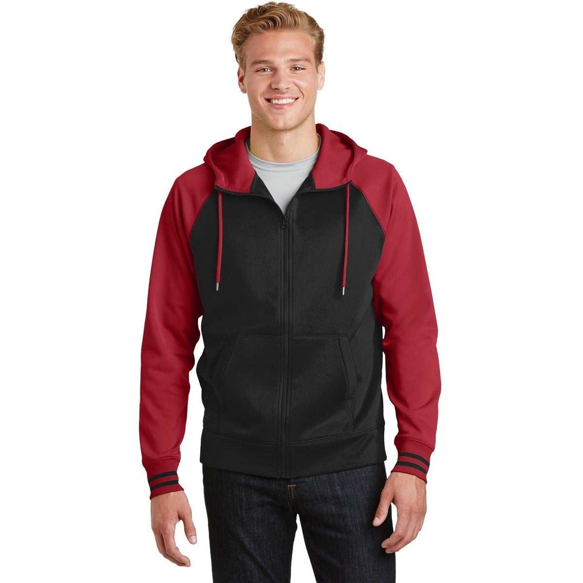 no-logo Sport-Tek Sport-Wick Varsity Fleece Full-Zip Hooded Jacket-Regular-Sport-Tek-Black/Deep Red-S-Thread Logic
