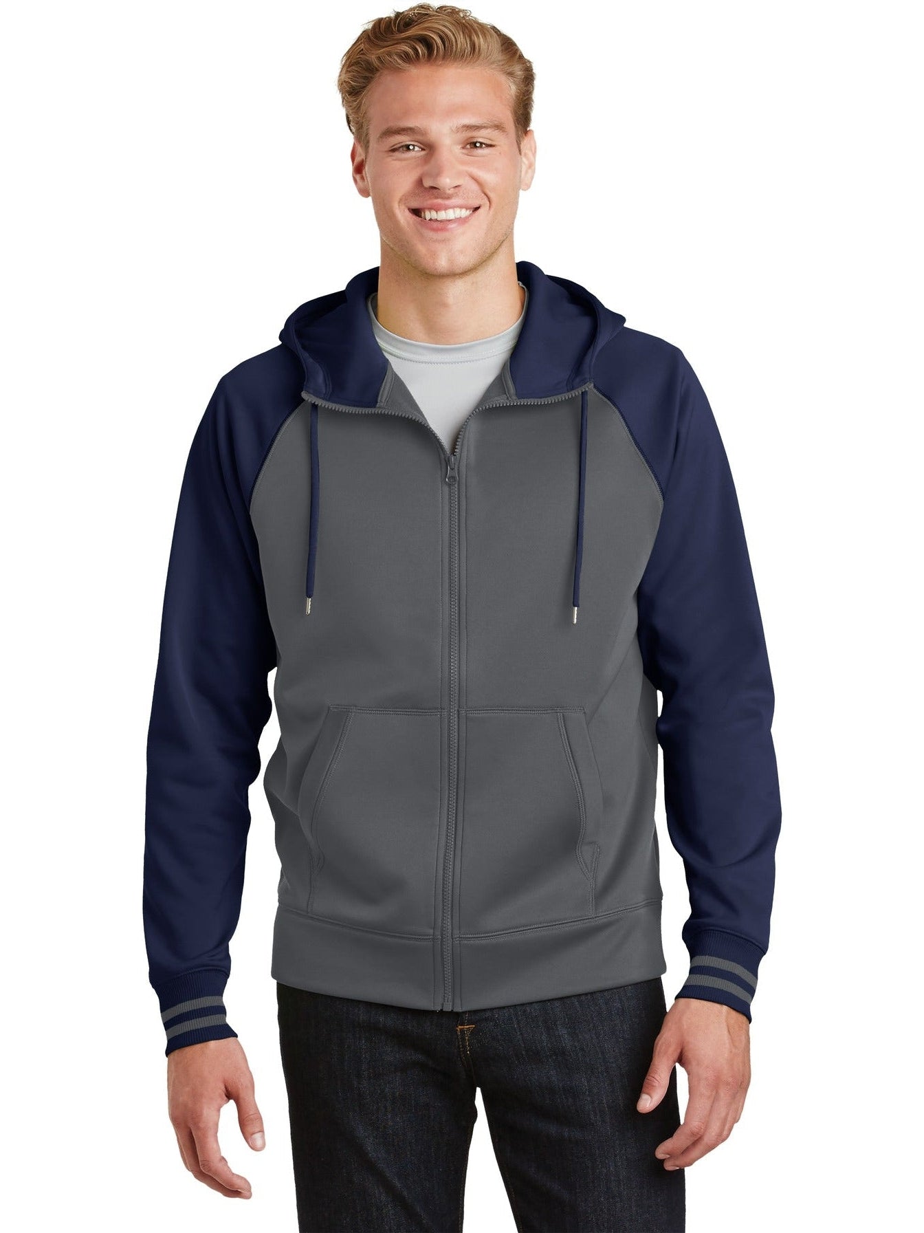 Sport-Tek Sport-Wick Varsity Fleece Full-Zip Hooded Jacket-Regular-Sport-Tek-Dark Smoke Grey/Navy-S-Thread Logic