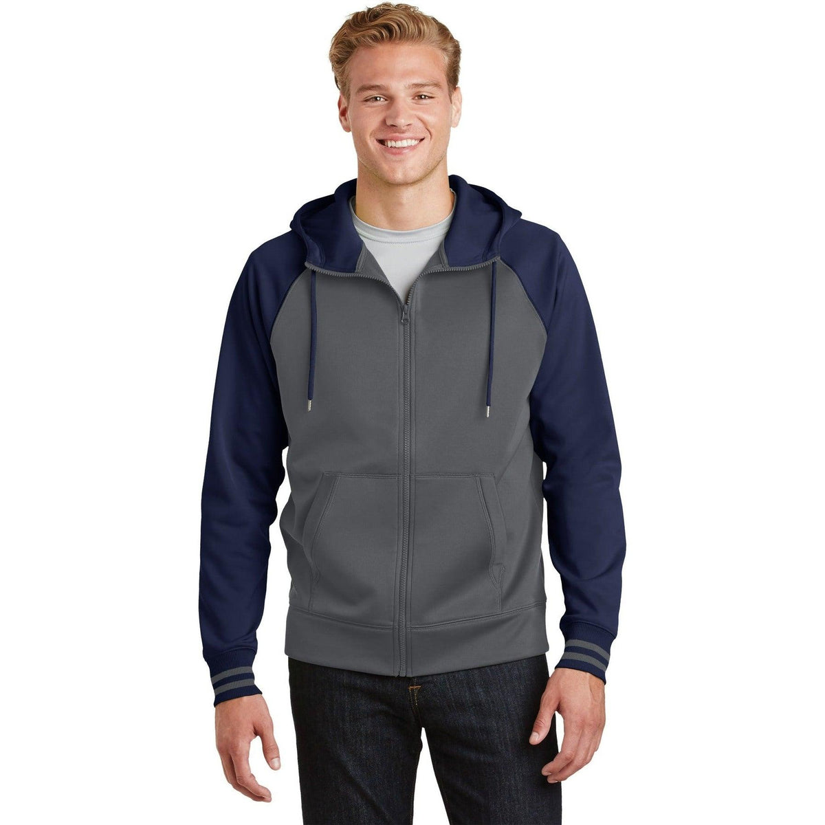no-logo Sport-Tek Sport-Wick Varsity Fleece Full-Zip Hooded Jacket-Regular-Sport-Tek-Dark Smoke Grey/Navy-S-Thread Logic