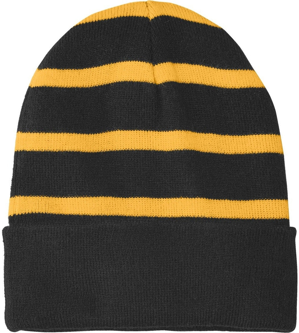 Sport-Tek Striped Beanie Solid Band-Regular-Sport-Tek-Black/Gold-OSFA-Thread Logic