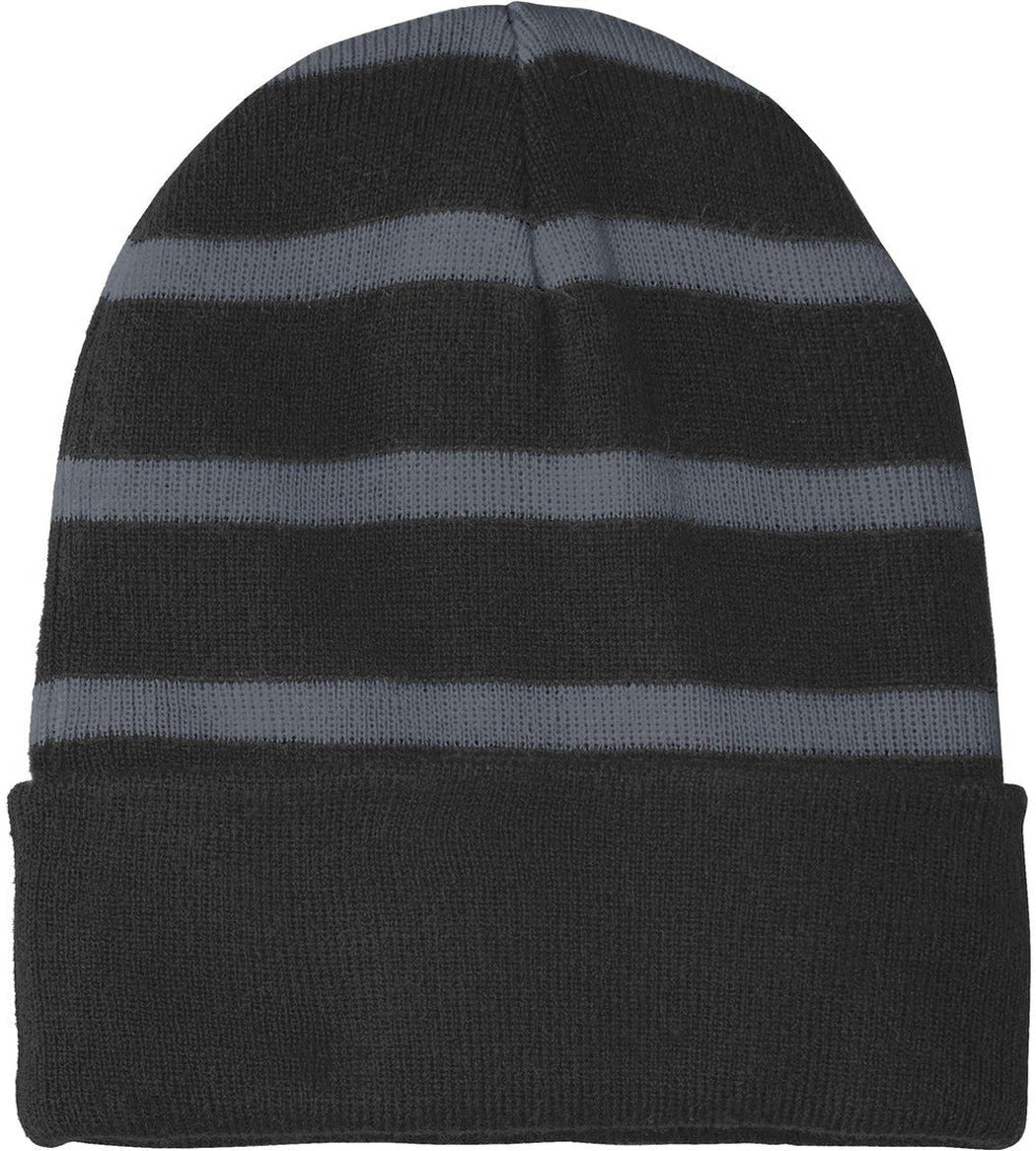 Sport-Tek Striped Beanie Solid Band-Regular-Sport-Tek-Black/Iron Grey-OSFA-Thread Logic