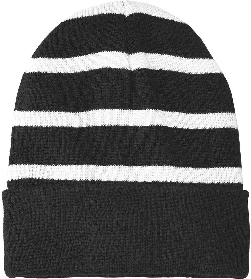 Sport-Tek Striped Beanie Solid Band-Regular-Sport-Tek-Black/White-OSFA-Thread Logic