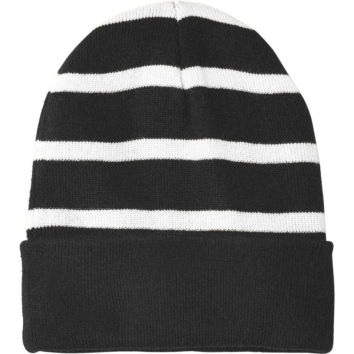 no-logo Sport-Tek Striped Beanie Solid Band-Headwear-Sport-Tek-Black/White-OSFA-Thread Logic