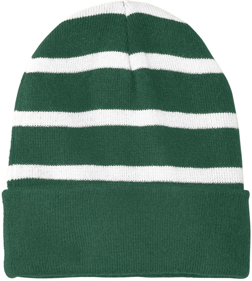 Sport-Tek Striped Beanie Solid Band-Regular-Sport-Tek-Forest Green/White-OSFA-Thread Logic