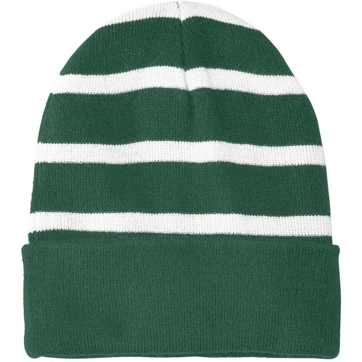 no-logo Sport-Tek Striped Beanie Solid Band-Headwear-Sport-Tek-Forest Green/White-OSFA-Thread Logic