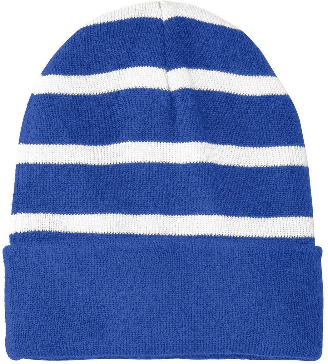 Sport-Tek Striped Beanie Solid Band-Regular-Sport-Tek-True Royal/White-OSFA-Thread Logic