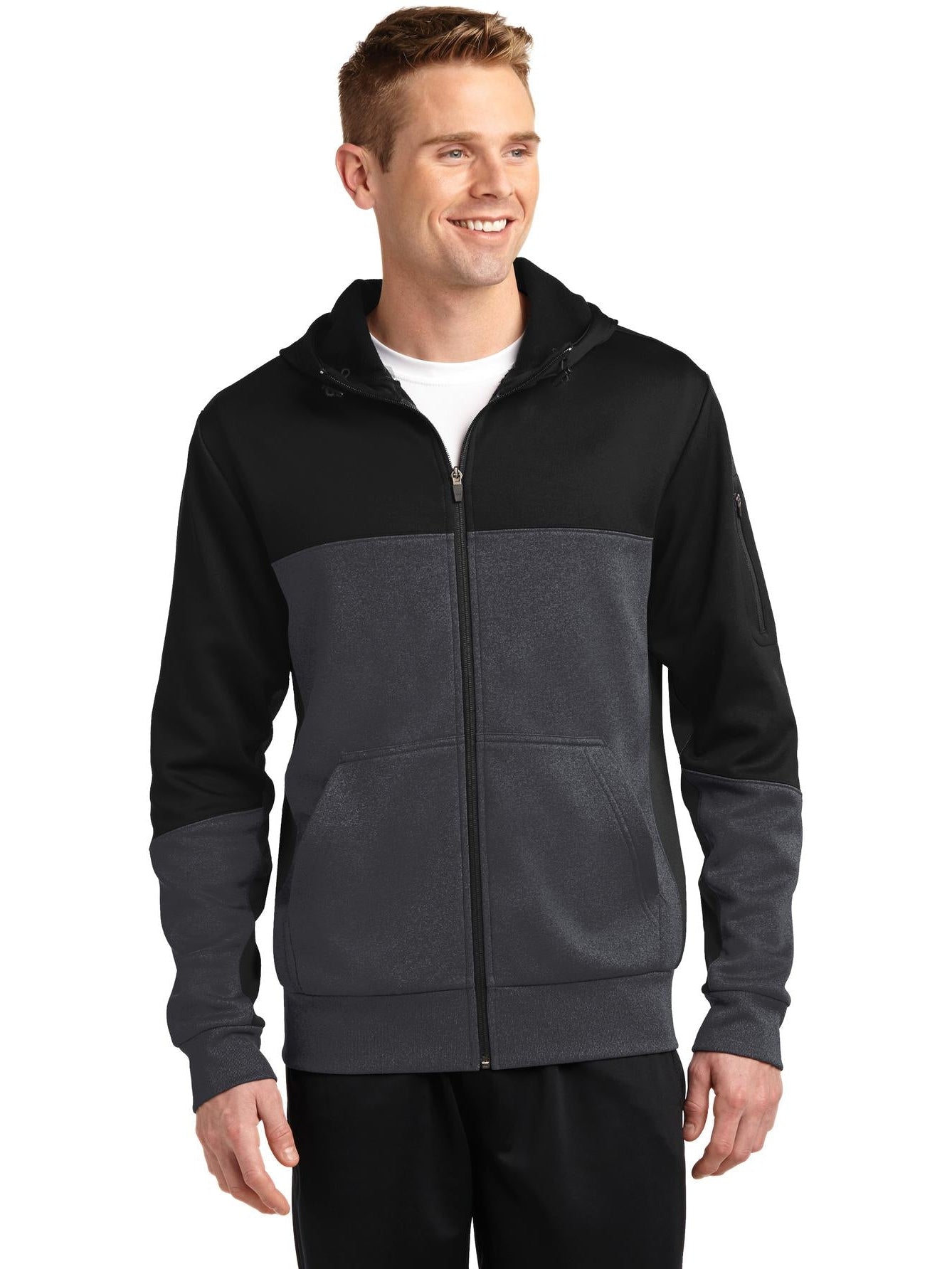 Sport-Tek Tech Fleece Colorblock Full-Zip Hooded Jacket-Regular-Sport-Tek-Black/Graphite Heather/Black-S-Thread Logic