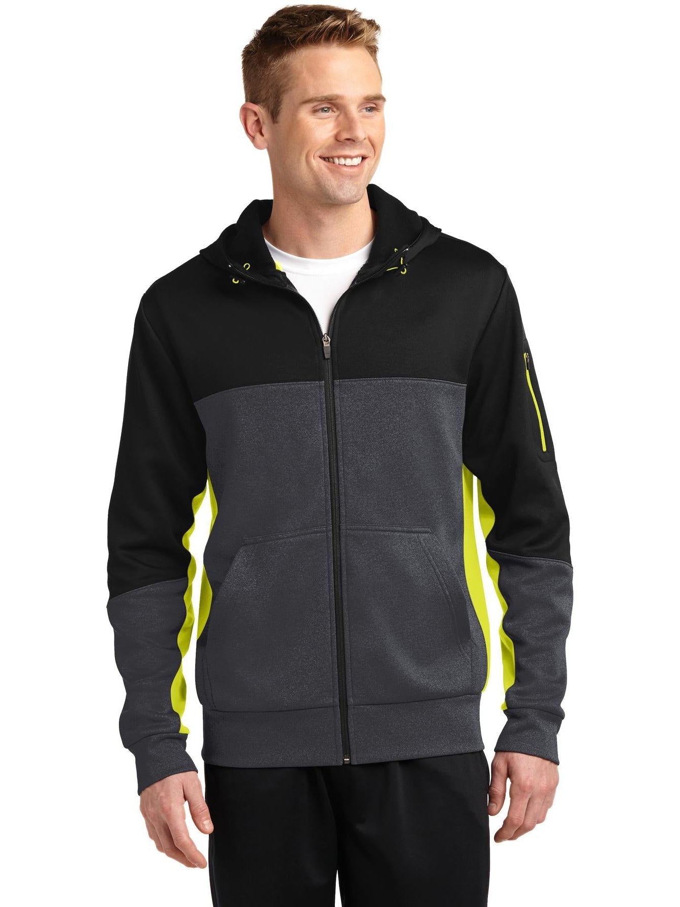 Sport-Tek Tech Fleece Colorblock Full-Zip Hooded Jacket-Regular-Sport-Tek-Black/Graphite Heather/Citron-S-Thread Logic