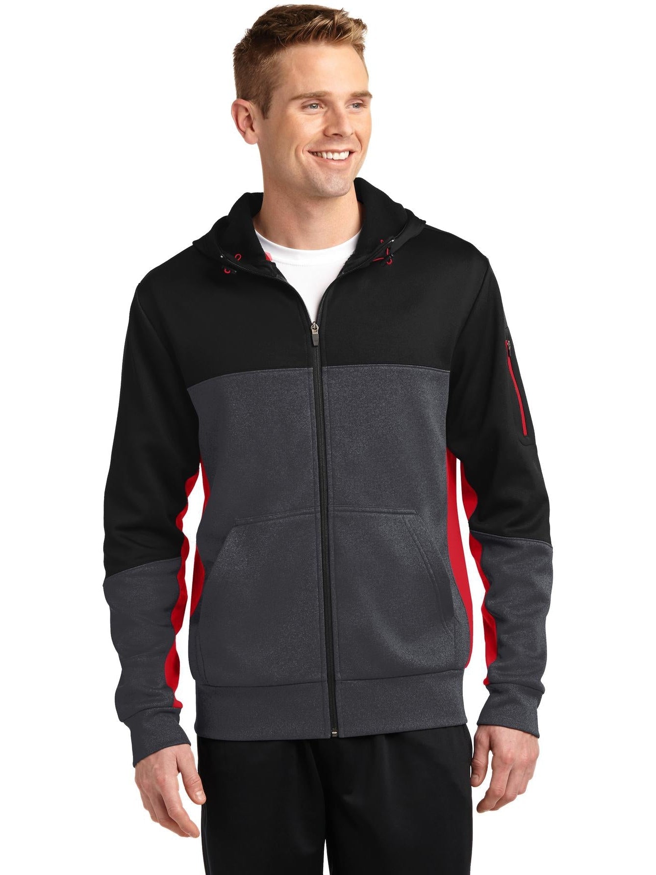 Sport-Tek Tech Fleece Colorblock Full-Zip Hooded Jacket-Regular-Sport-Tek-Black/Graphite Heather/True Red-S-Thread Logic