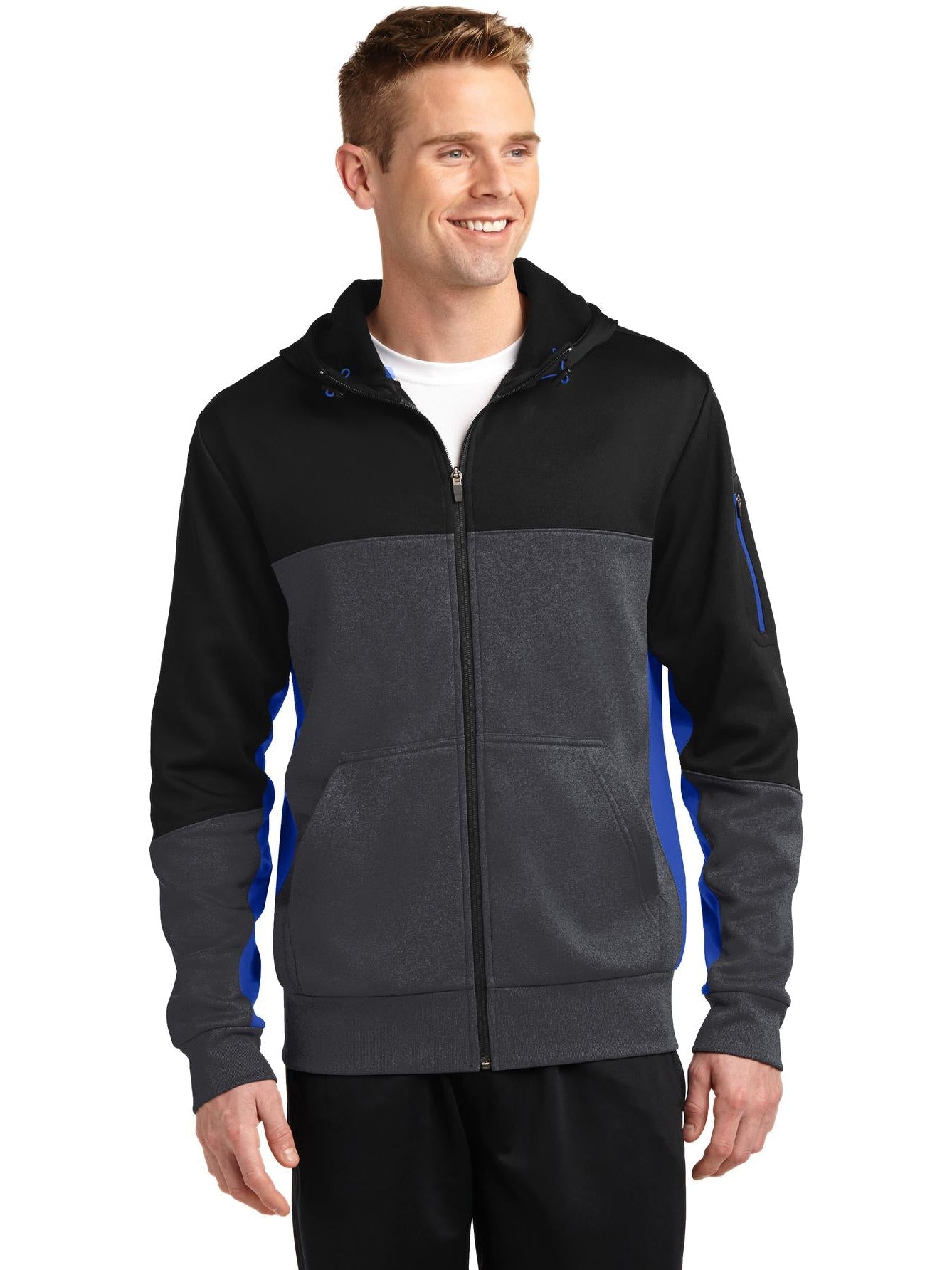 Sport-Tek Tech Fleece Colorblock Full-Zip Hooded Jacket-Regular-Sport-Tek-Black/Graphite Heather/True Royal-S-Thread Logic