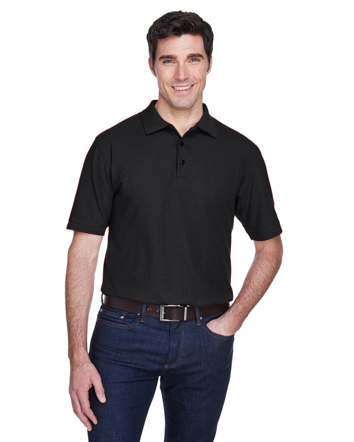 UltraClub Whisper Pique Polo Shirt-Men's Polos-UltraClub-Black-S-Thread Logic