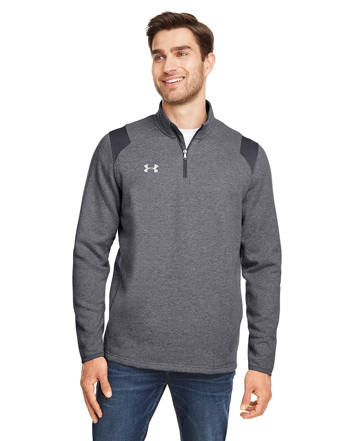 Under Armour Hustle Quarter-Zip Pullover Sweatshirt-Men's Layering-Under Armour-Carbon Heather/White-S-Thread Logic