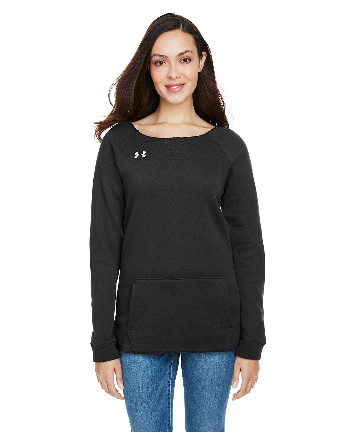 Under Armour Ladies Hustle Fleece Crewneck Sweatshirt-Ladies Layering-Under Armour-Black/White-S-Thread Logic