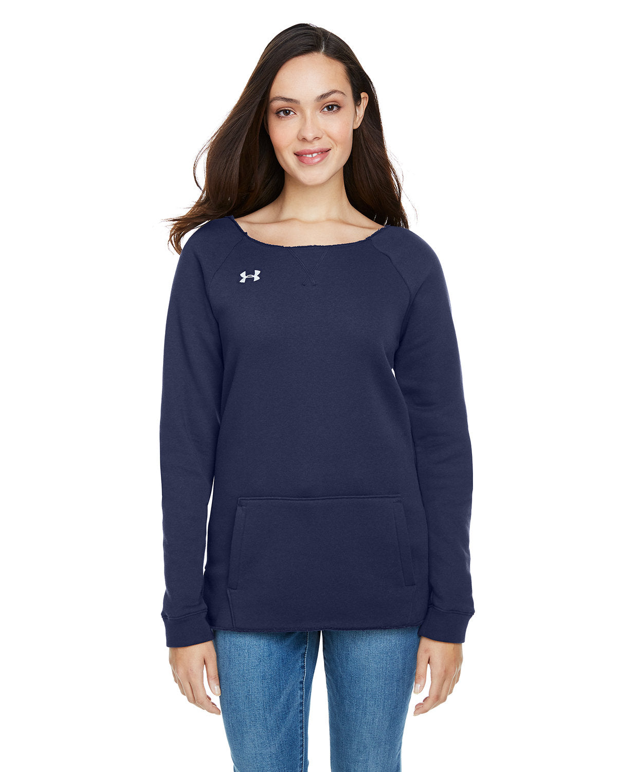Under Armour Ladies Hustle Fleece Crewneck Sweatshirt-Ladies Layering-Under Armour-Midnight Navy/White-S-Thread Logic