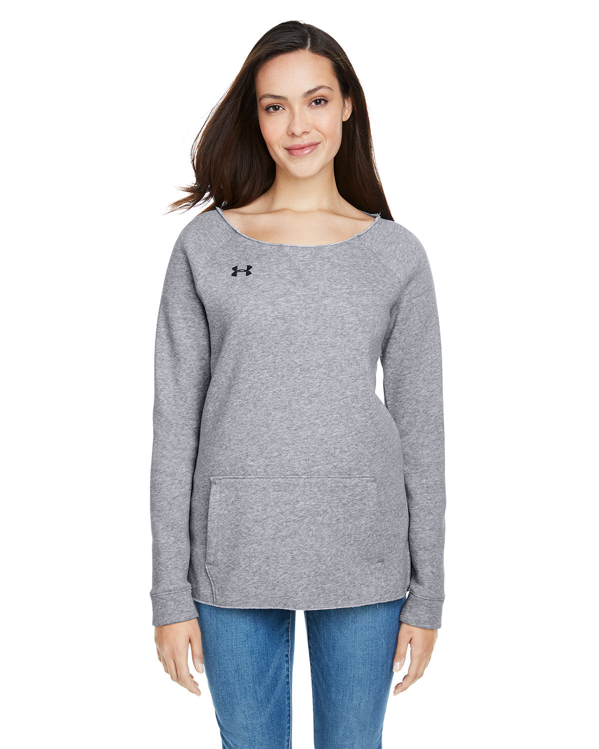 Under Armour Ladies Hustle Fleece Crewneck Sweatshirt-Ladies Layering-Under Armour-True Graphite Heather/Black-S-Thread Logic