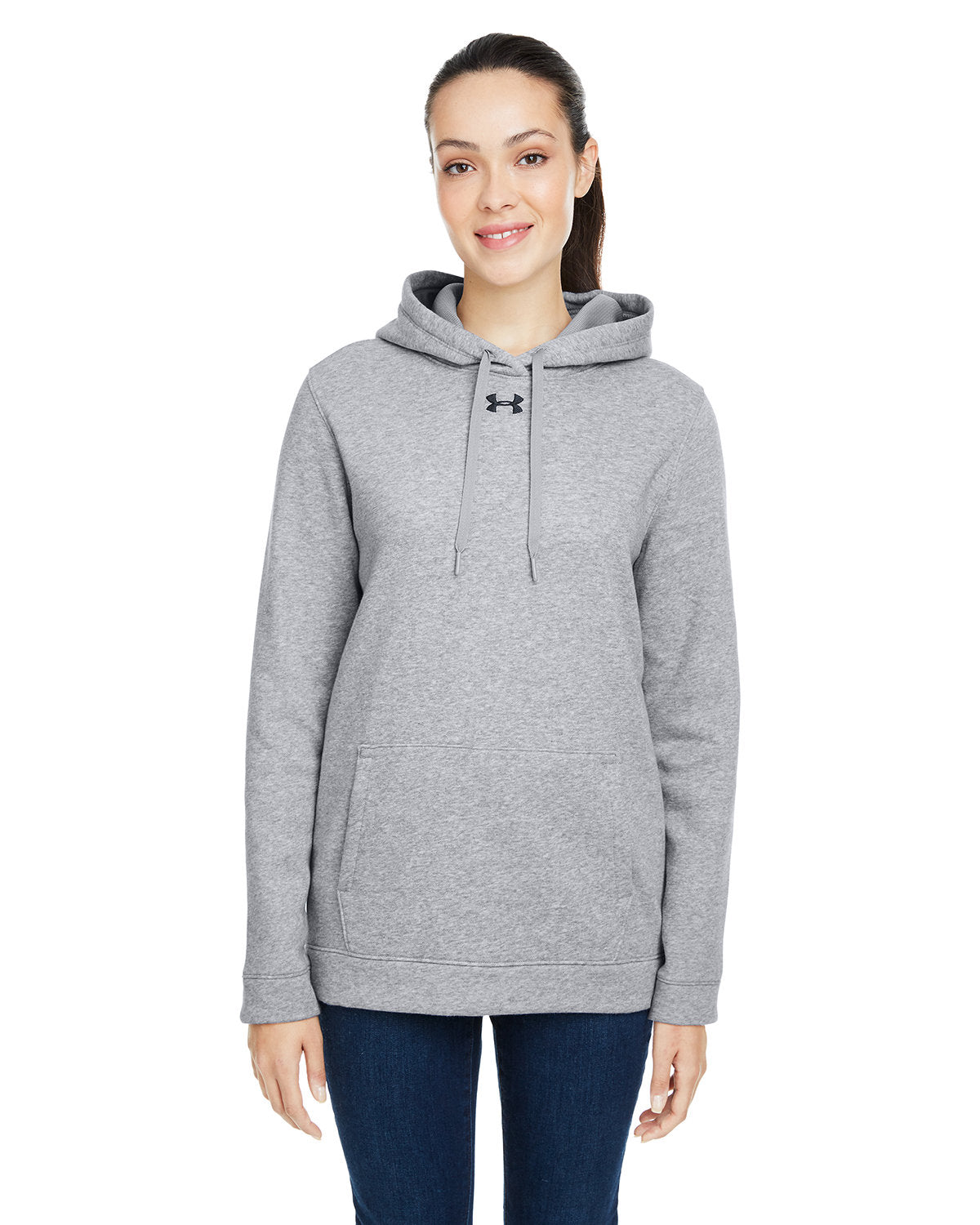 Under Armour Ladies Hustle Pullover Hooded Sweatshirt-Ladies Layering-Under Armour-True Graphite Heather/Black-S-Thread Logic