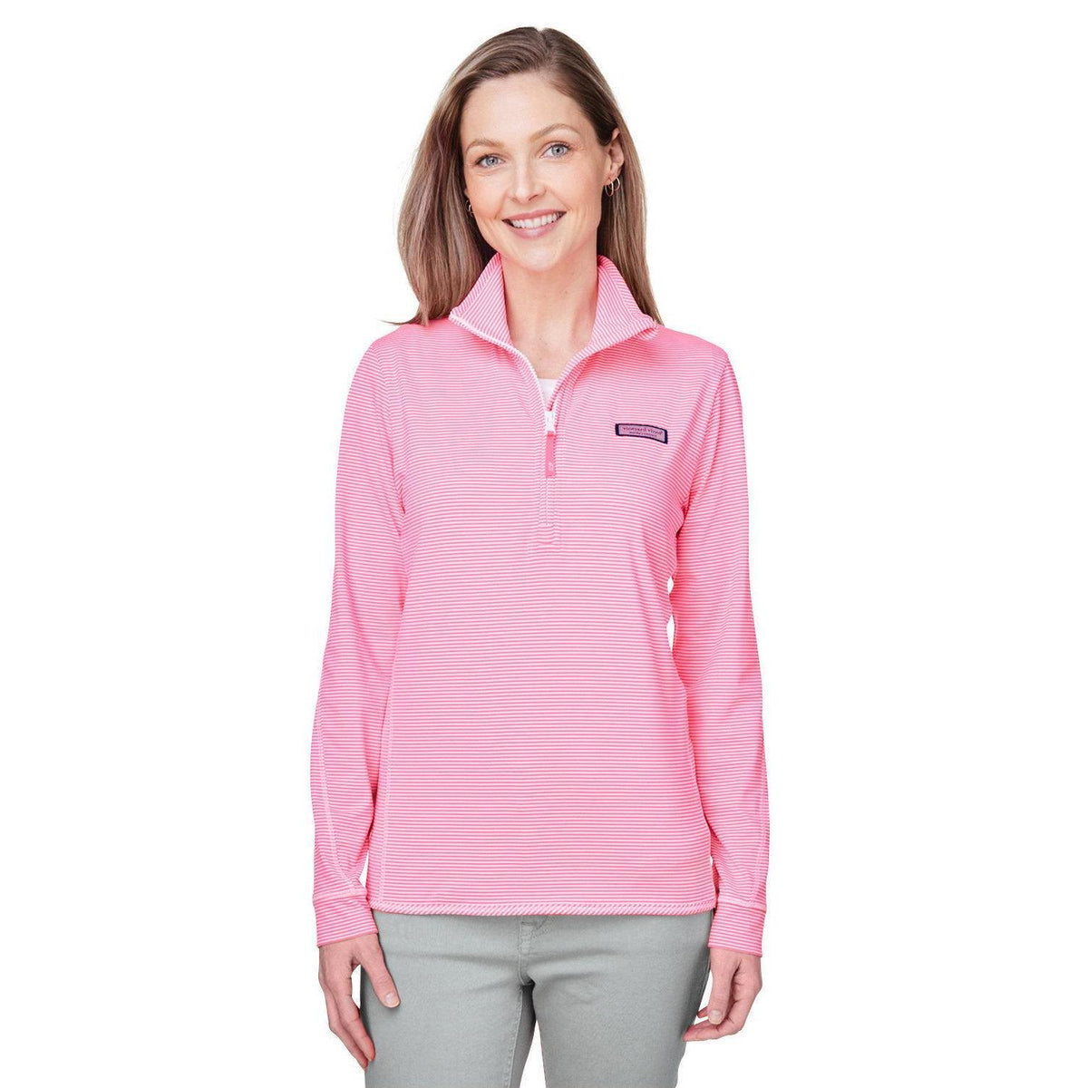 no-logo Vineyard Vines Ladies Microstripe Sankaty Half-Zip Pullover-Knits and Layering-Vineyard Vines-Knockout Pink-XS-Thread Logic