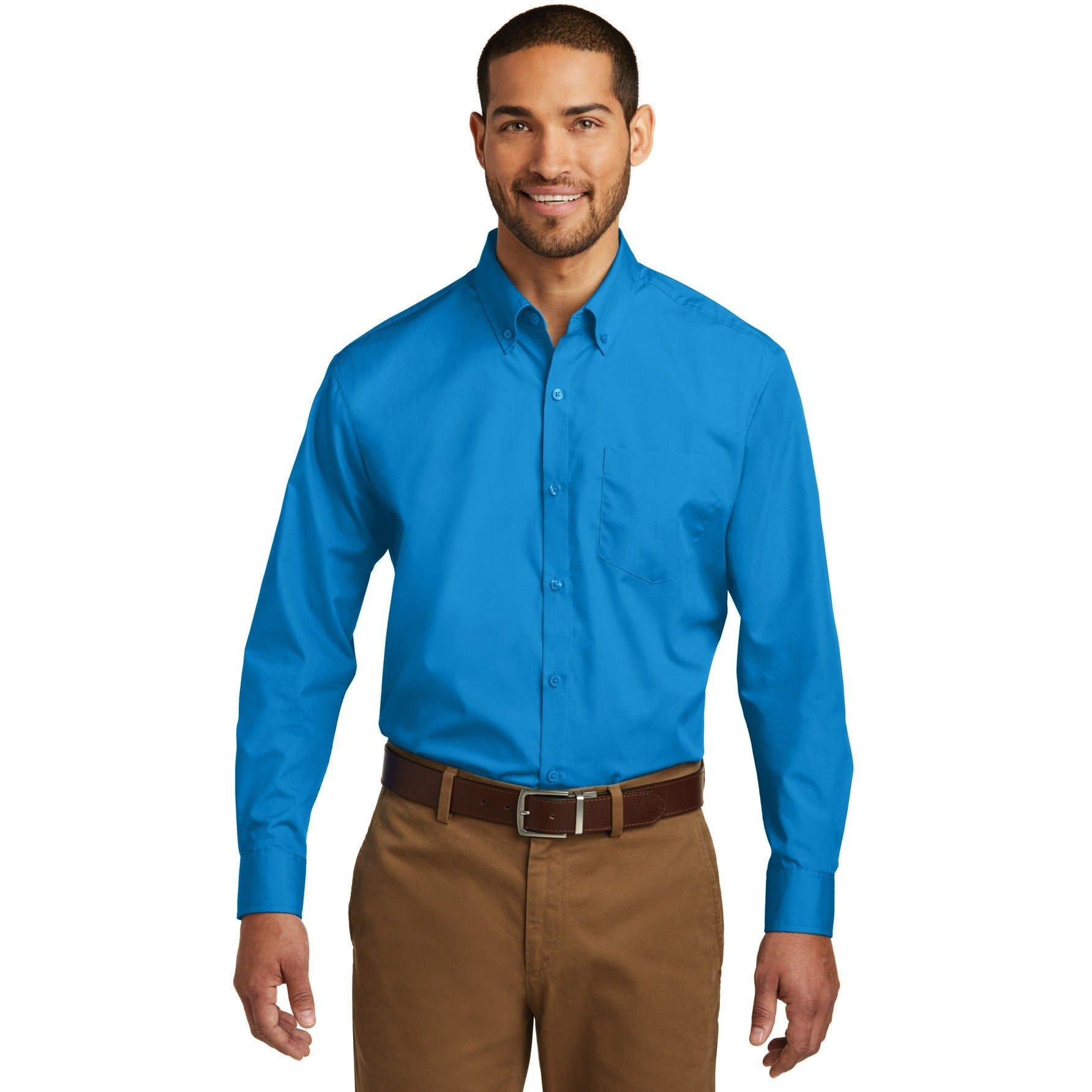 no-logo CLOSEOUT - Port Authority Long Sleeve Carefree Poplin Shirt-Port Authority-Coastal Blue-S-Thread Logic