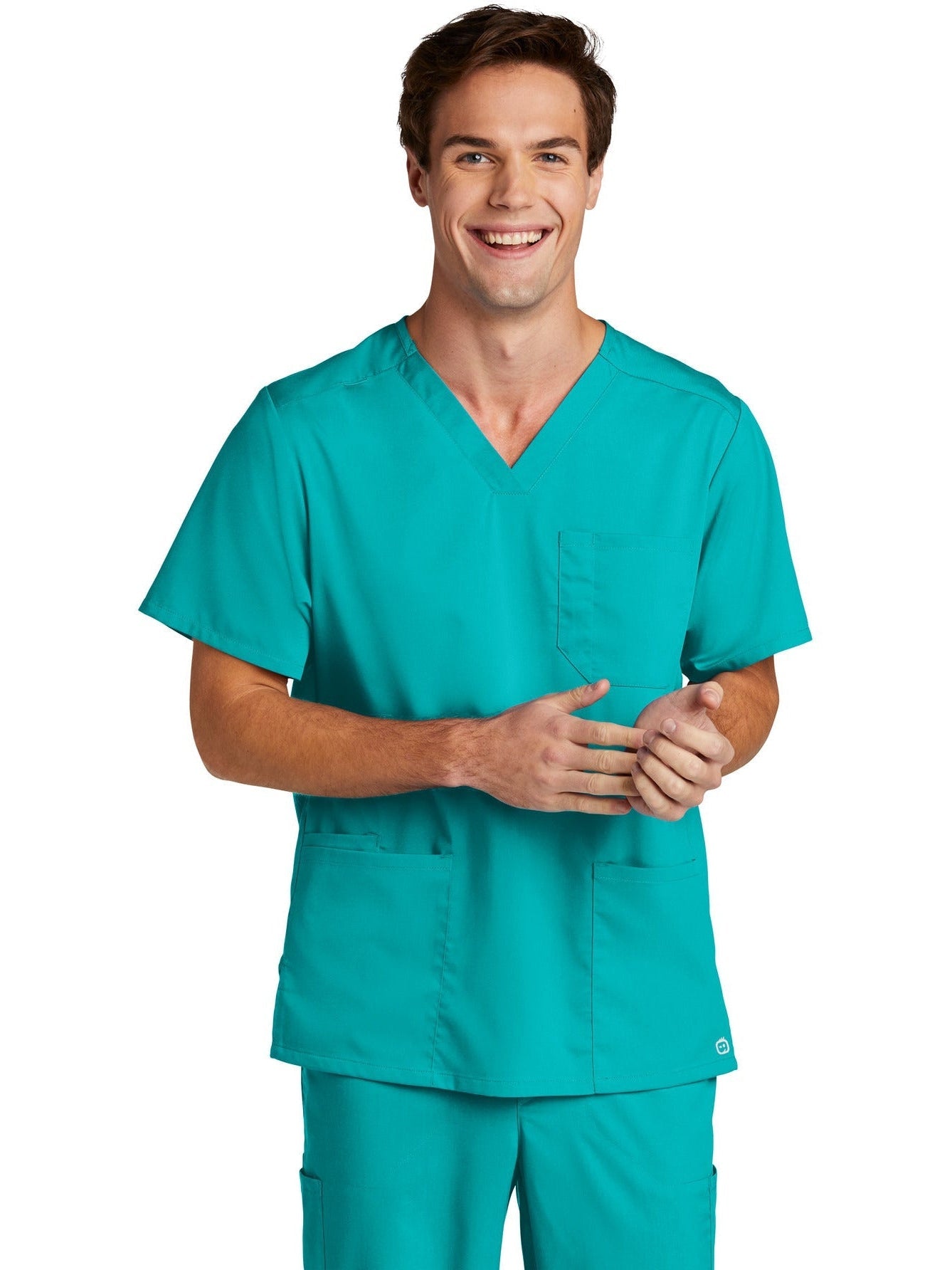 no-logo WonderWink Men's Premiere Flex V-Neck Top-Regular-Wonderwink-Teal Blue-2XL-Thread Logic