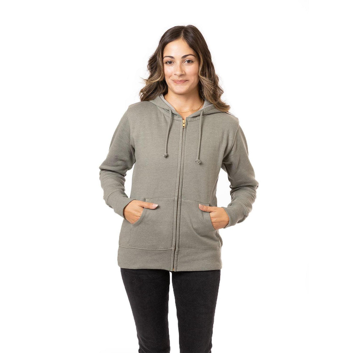 no-logo econscious Ladies 7 oz. Organic/Recycled Heathered Fleece Full-Zip Hood-Ladies Layering-econscious-Military Green-S-Thread Logic