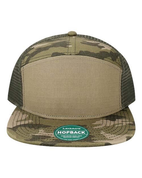 no-logo Legacy Hopback Seven-Panel Trucker Cap-Legacy-Light Olive Ripstop/ Army Camo-Adjustable-Thread Logic