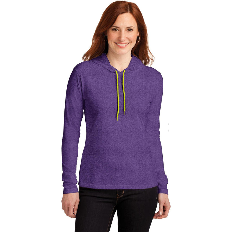 no-logo CLOSEOUT - Gildan Ladies 100% Combed Ring Spun Cotton Long Sleeve Hooded T-Shirt-Anvil-Heather Purple/Neon Yellow-S-Thread Logic