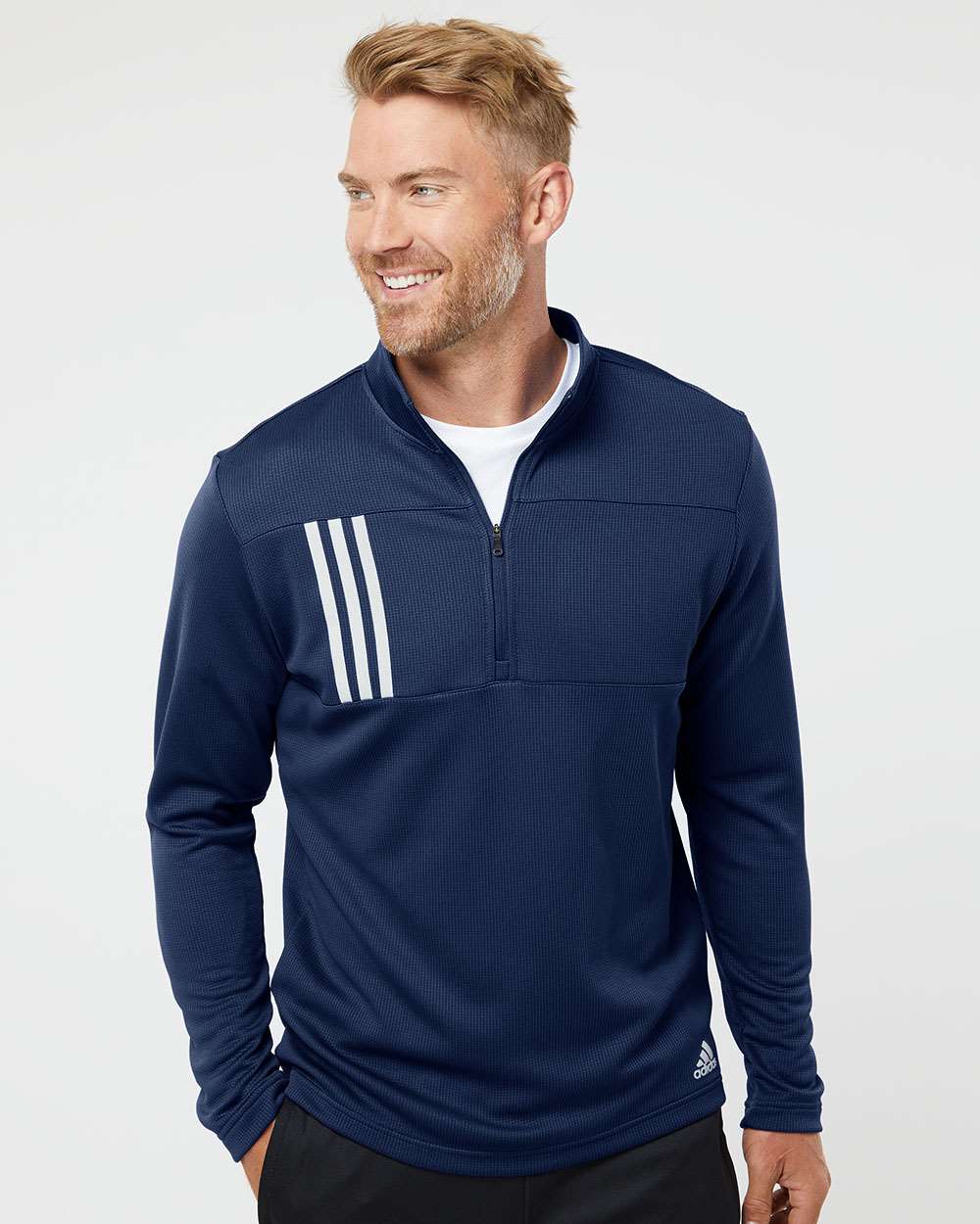 no-logo Adidas 3-Stripes Double Knit Quarter-Zip Pullover-Men's Layering-Adidas-Thread Logic