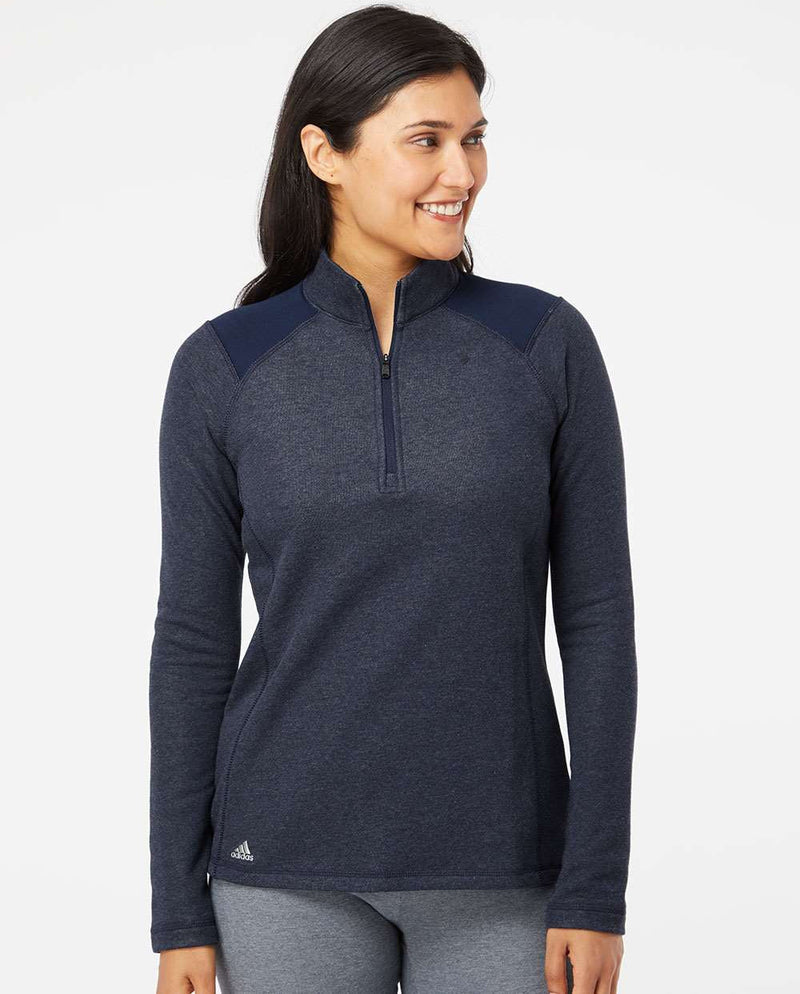 no-logo Adidas Ladies Heathered Quarter Zip Pullover with Colorblocked Shoulders-Ladies Layering-Adidas-Thread Logic