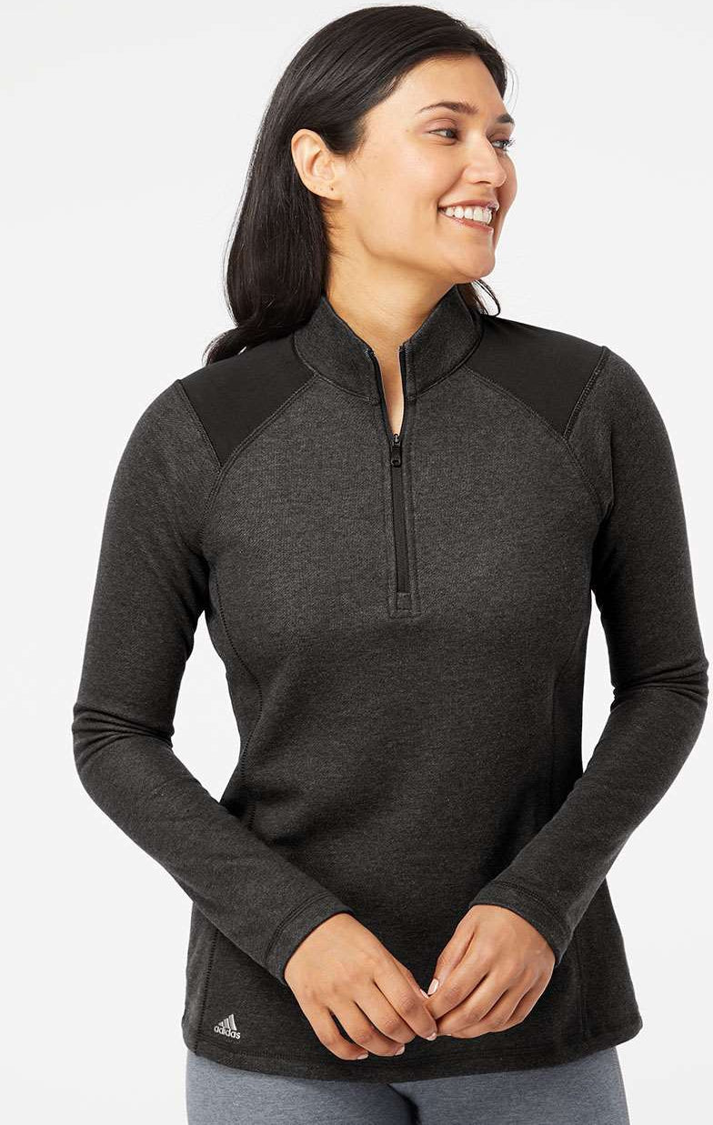 no-logo Adidas Ladies Heathered Quarter Zip Pullover with Colorblocked Shoulders-Ladies Layering-Adidas-Thread Logic