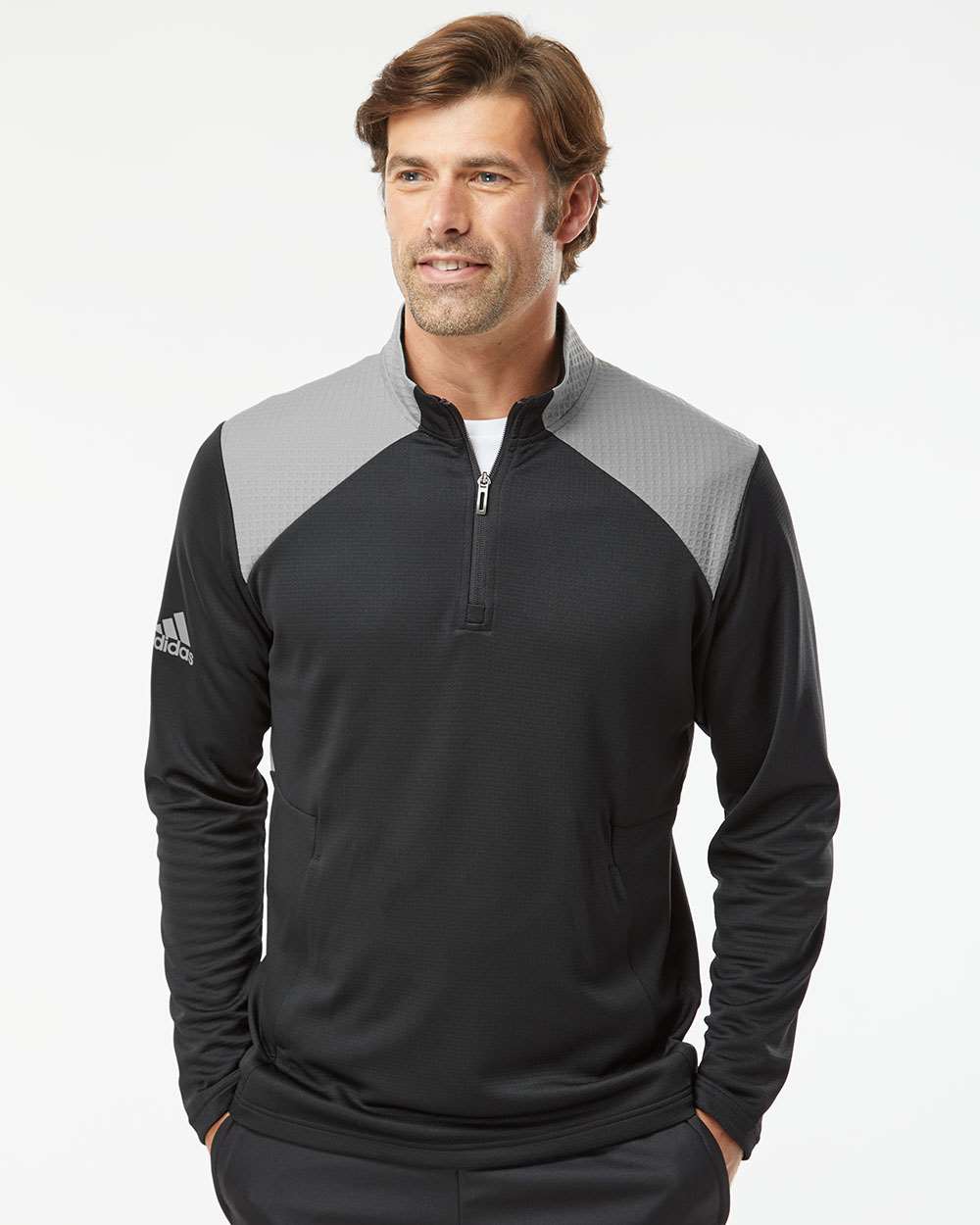 no-logo Adidas Textured Mixed Media Quarter-Zip Pullover-Outerwear-Adidas-Thread Logic