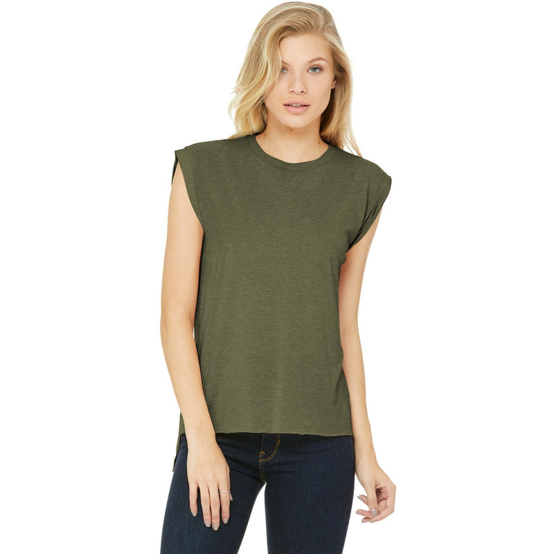 no-logo CLOSEOUT - BELLA+CANVAS Women's Flowy Muscle Tee With Rolled Cuffs-Bella&Canvas-Heather Olive-S-Thread Logic