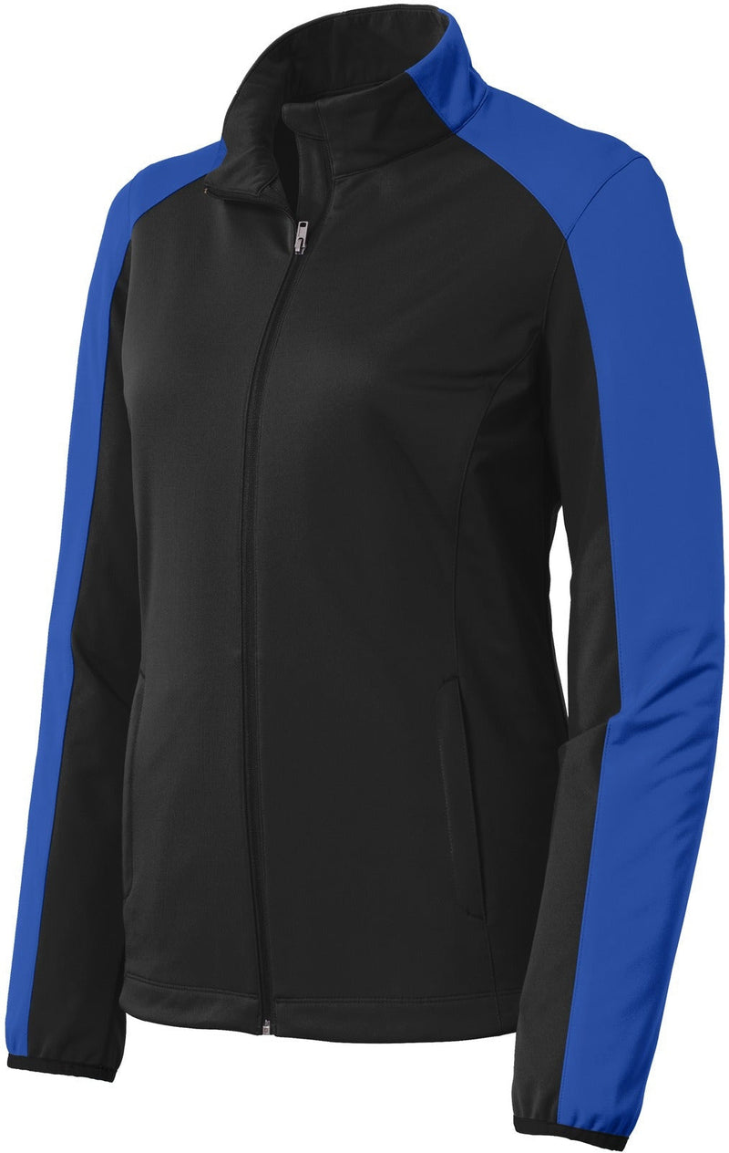 no-logo CLOSEOUT - Port Authority Ladies Active Colorblock Soft Shell Jacket-Discontinued-Port Authority-Deep Black/True Royal-M-Thread Logic