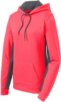  CLOSEOUT - Sport-Tek Ladies Sport-Wick Fleece Colorblock Hooded-Discontinued-Sport-Tek-Hot Coral/Dark Smoke Grey-M-Thread Logic