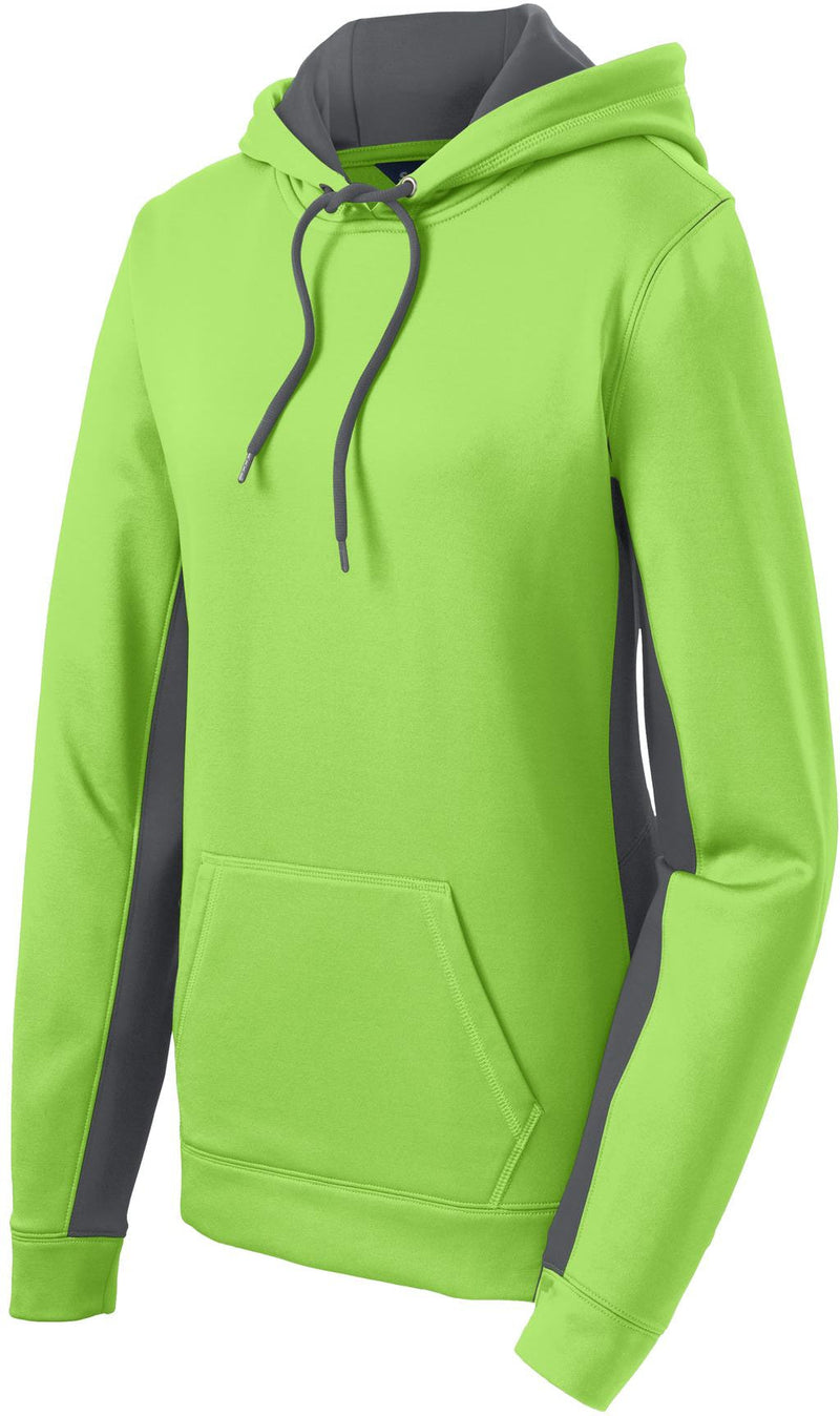  CLOSEOUT - Sport-Tek Ladies Sport-Wick Fleece Colorblock Hooded-Discontinued-Sport-Tek-Lime Shock/Dark Smoke Grey-2XL-Thread Logic