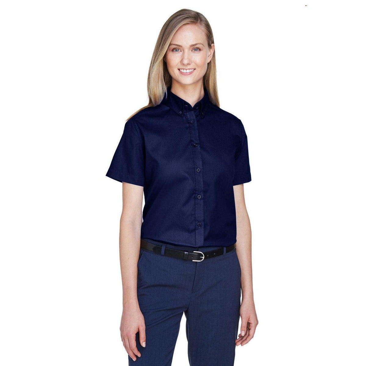 no-logo Core 365 Women's Optimum Short-Sleeve Twill Shirt-Dress Shirts-CORE365-Classic Navy-XS-Thread Logic