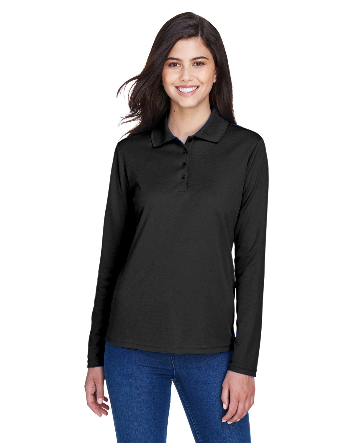  Core 365 Ladies Pinnacle Performance Long-Sleeve Pique Polo-Ladies Polos-CORE365-Black-XS-Thread Logic