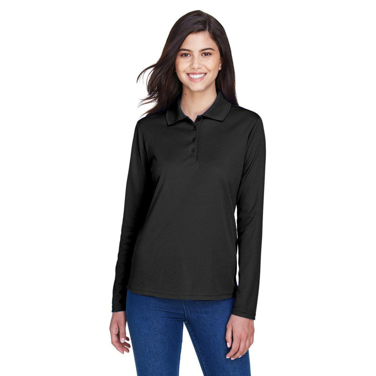 no-logo Core 365 Women's Pinnacle Performance Long-Sleeve Pique Polo-Ladies Polos-CORE365-Black-XS-Thread Logic