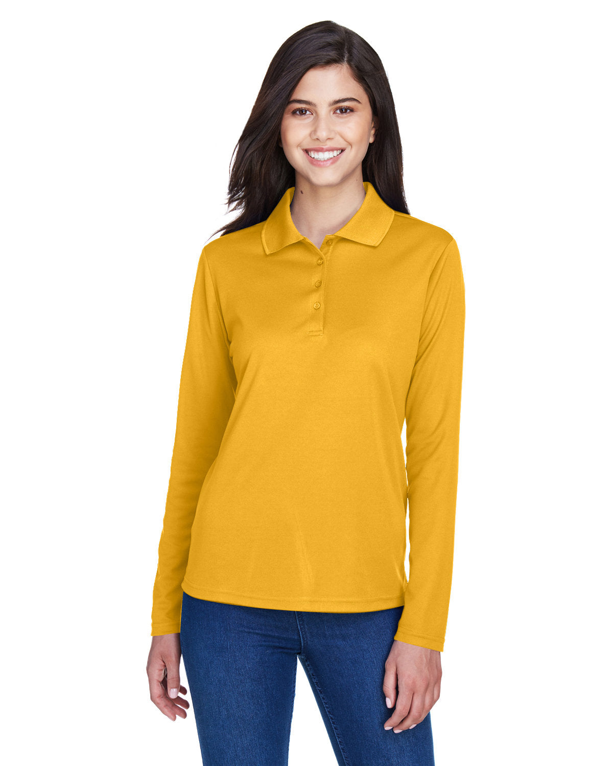  Core 365 Ladies Pinnacle Performance Long-Sleeve Pique Polo-Ladies Polos-CORE365-Campus Gold-XS-Thread Logic