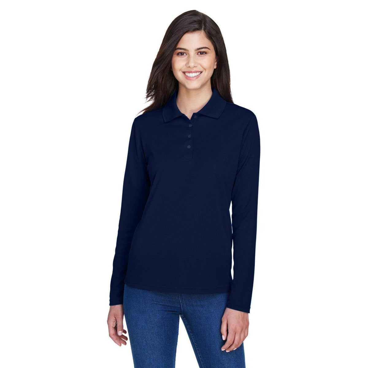 no-logo Core 365 Women's Pinnacle Performance Long-Sleeve Pique Polo-Ladies Polos-CORE365-Classic Navy-XS-Thread Logic