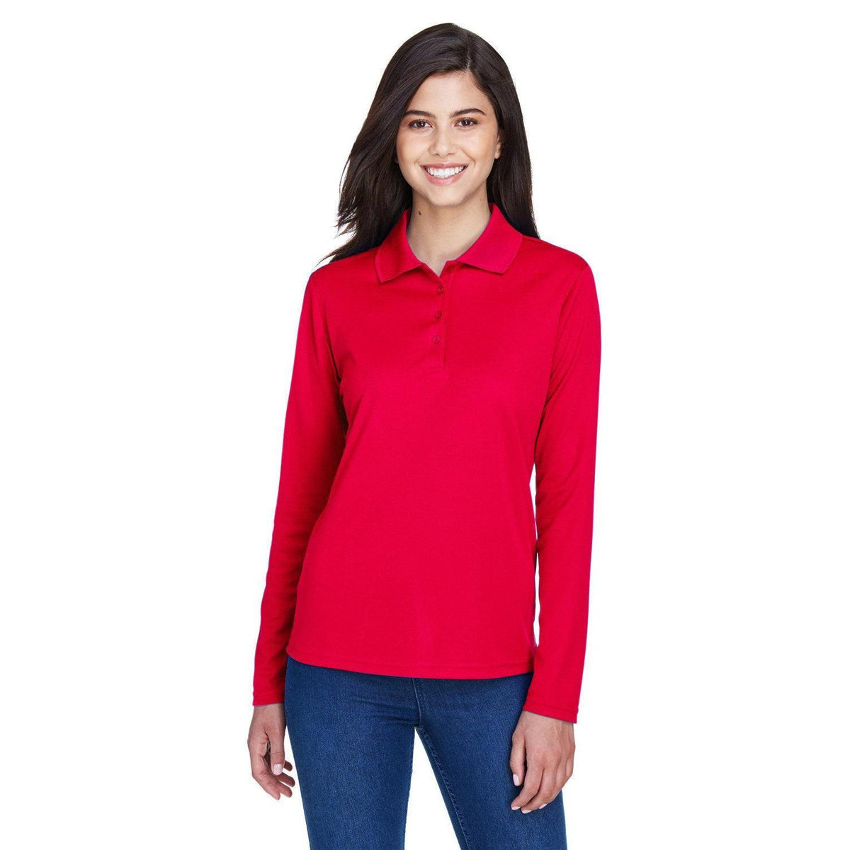 no-logo Core 365 Women's Pinnacle Performance Long-Sleeve Pique Polo-Ladies Polos-CORE365-Classic Red-XS-Thread Logic