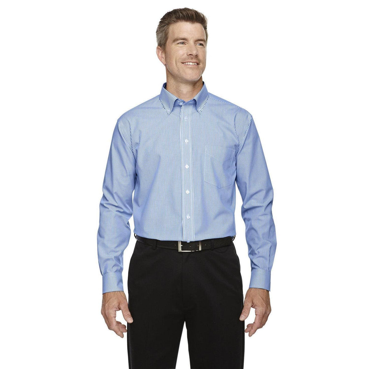 no-logo  Devon & Jones Crown Woven Banker Stripe-Men's Dress Shirts-Devon&Jones-French Blue-S-Thread Logic