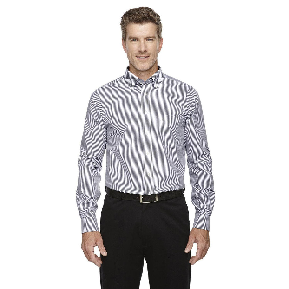 no-logo  Devon & Jones Crown Woven Banker Stripe-Men's Dress Shirts-Devon&Jones-Navy-S-Thread Logic