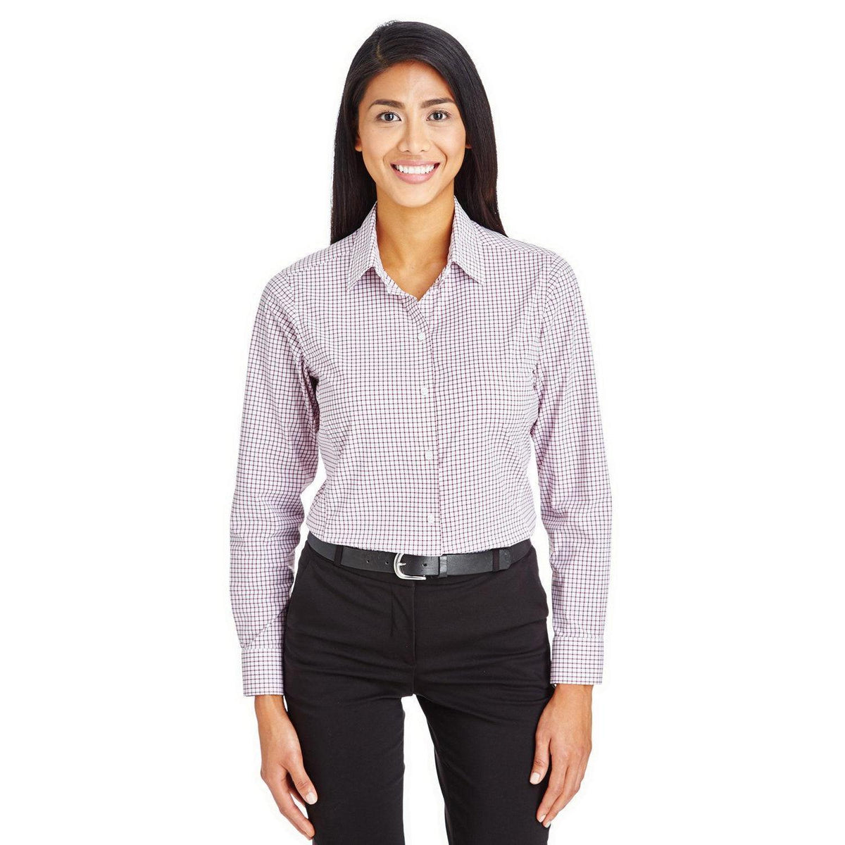 no-logo  Devon & Jones CrownLux Performance Ladies Micro Windowpane Shirt-Ladies Dress Shirts-Devon&Jones-Burgundy/White-S-Thread Logic