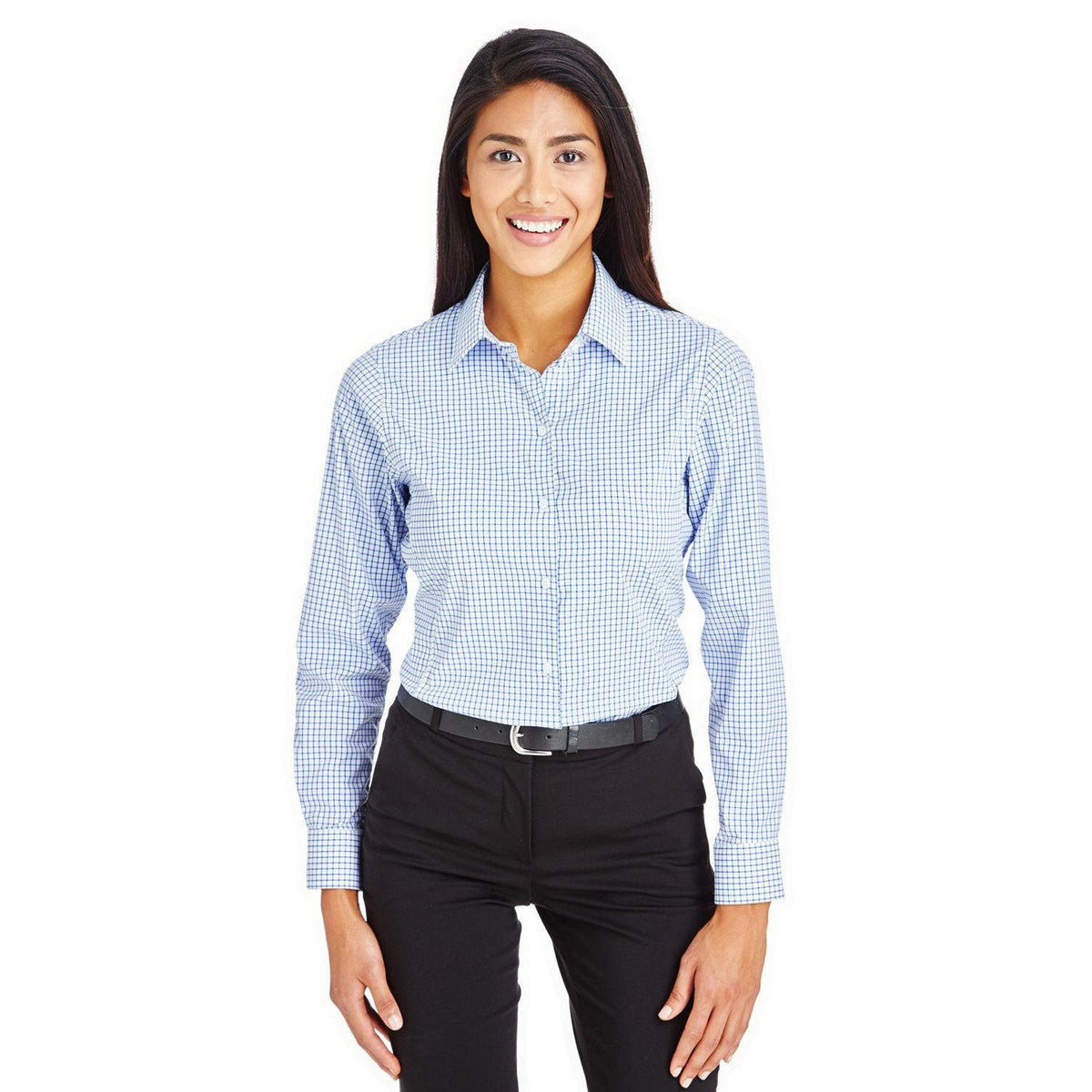 no-logo  Devon & Jones CrownLux Performance Ladies Micro Windowpane Shirt-Ladies Dress Shirts-Devon&Jones-French Blue/White-S-Thread Logic