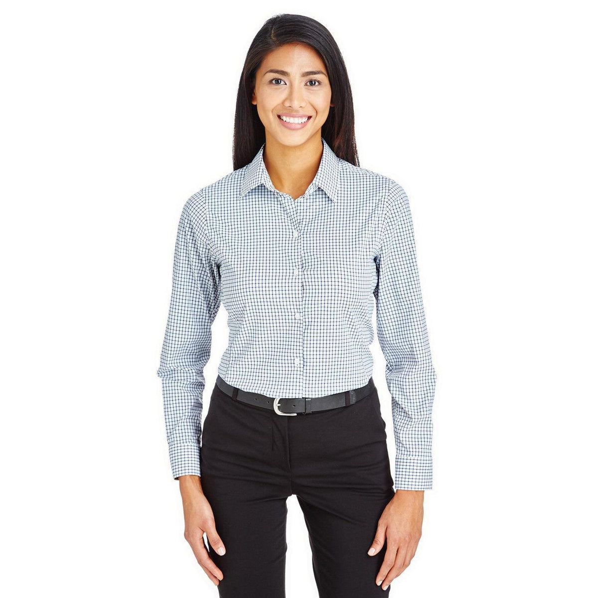 no-logo  Devon & Jones CrownLux Performance Ladies Micro Windowpane Shirt-Ladies Dress Shirts-Devon&Jones-Navy/White-S-Thread Logic
