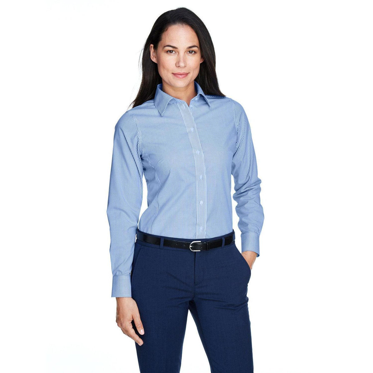 no-logo  Devon & Jones Ladies Crown Woven Banker Stripe-Ladies Dress Shirts-Devon&Jones-French Blue-S-Thread Logic