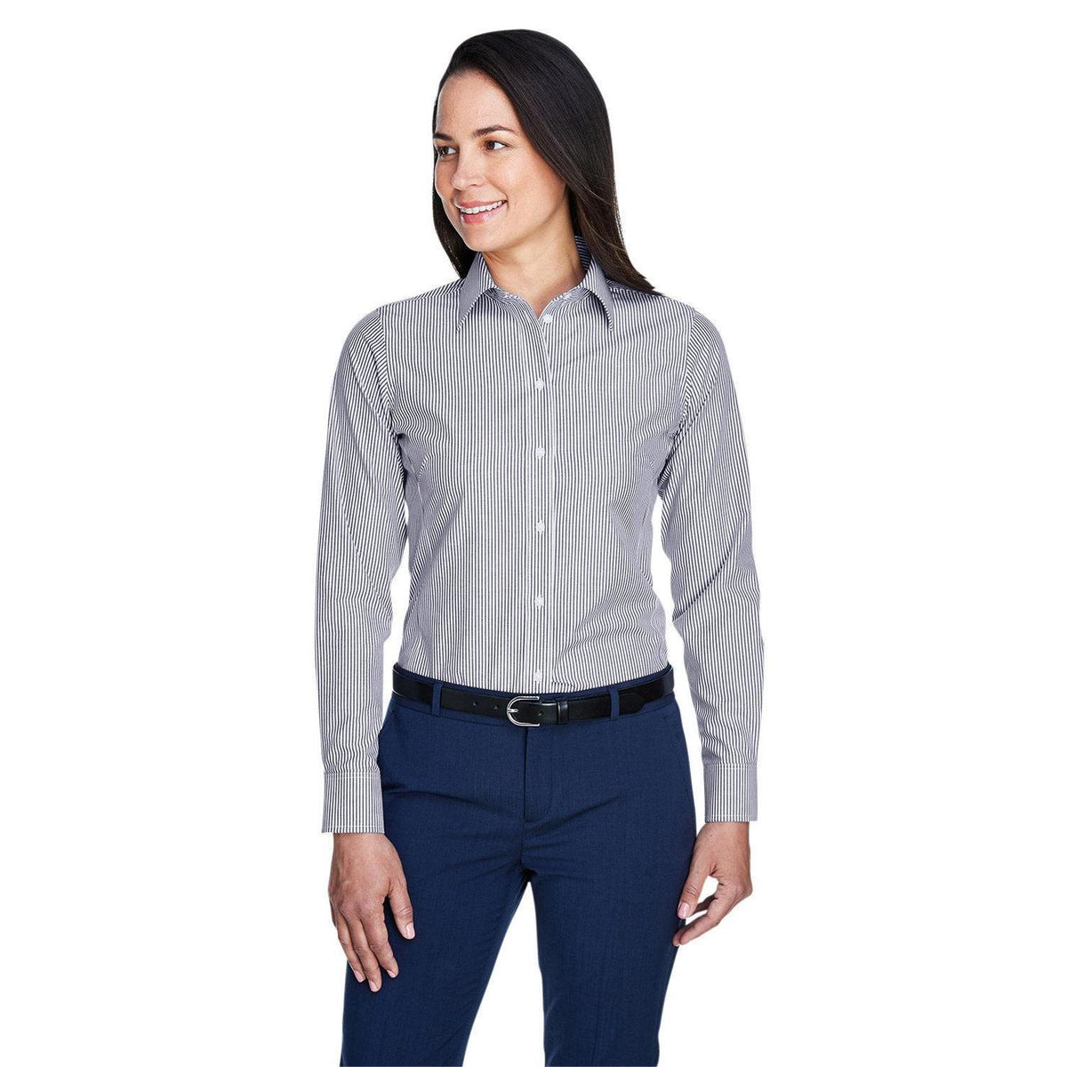 no-logo  Devon & Jones Ladies Crown Woven Banker Stripe-Ladies Dress Shirts-Devon&Jones-Navy-S-Thread Logic