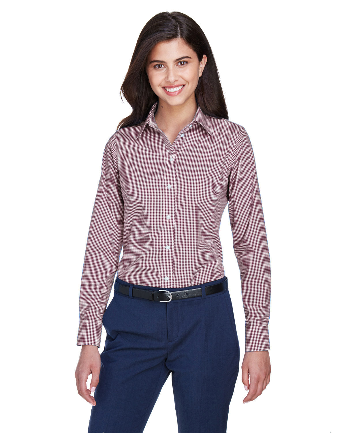  Devon & Jones Ladies Gingham Check Dress Shirt-Ladies Dress Shirts-Devon&Jones-Burgundy-S-Thread Logic