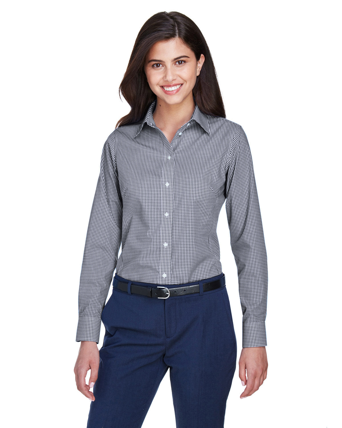  Devon & Jones Ladies Gingham Check Dress Shirt-Ladies Dress Shirts-Devon&Jones-Navy-S-Thread Logic