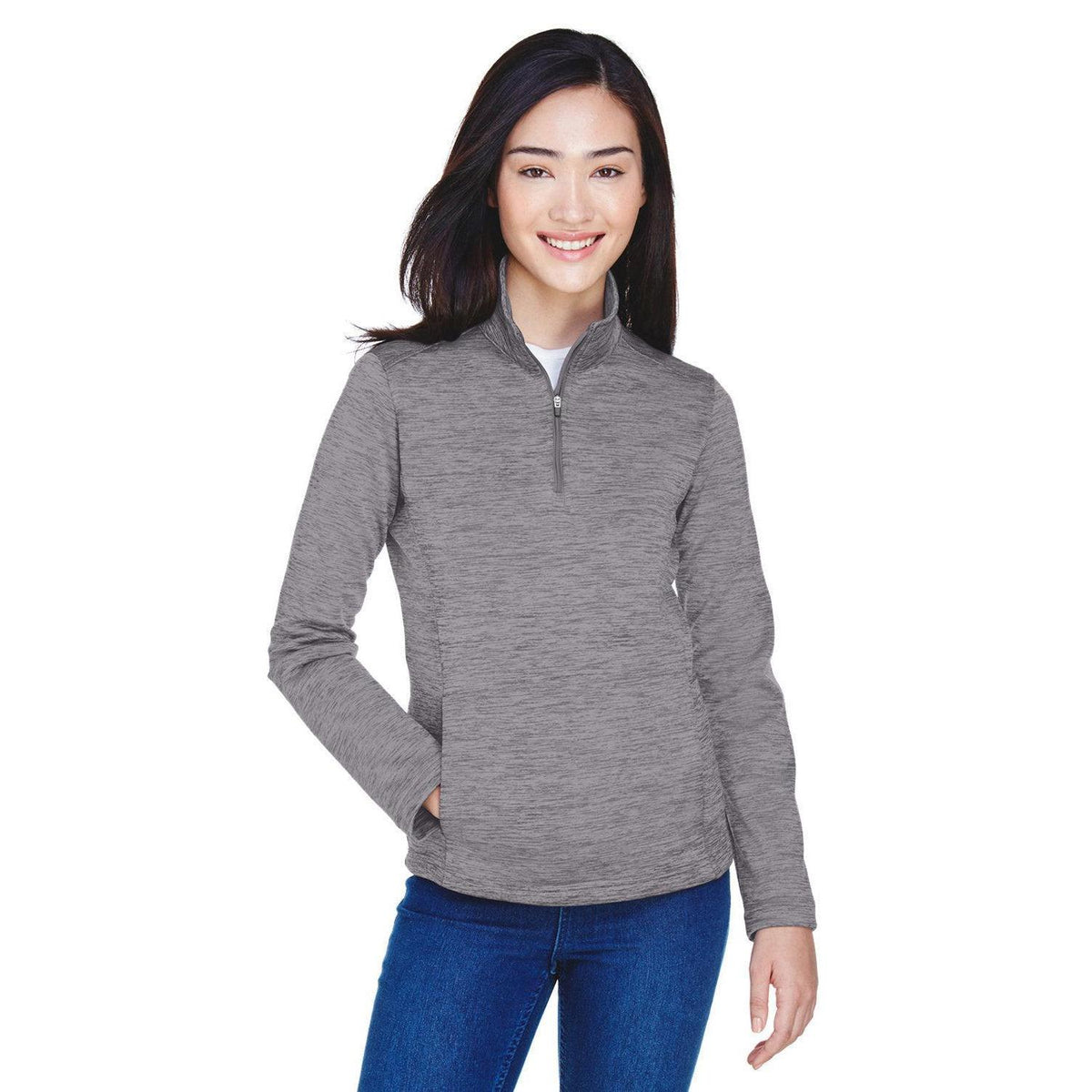 logo-left  Devon & Jones Ladies Newbury Mélange Fleece Quarter-Zip-Ladies Layering-Devon&Jones-Dark Grey Heather-S-Thread Logic